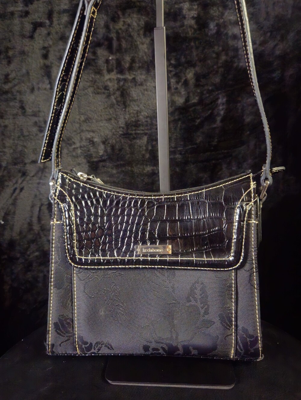 Liz Claiborne Black Croc Embossed & Floral Shoulder Bag Y2K